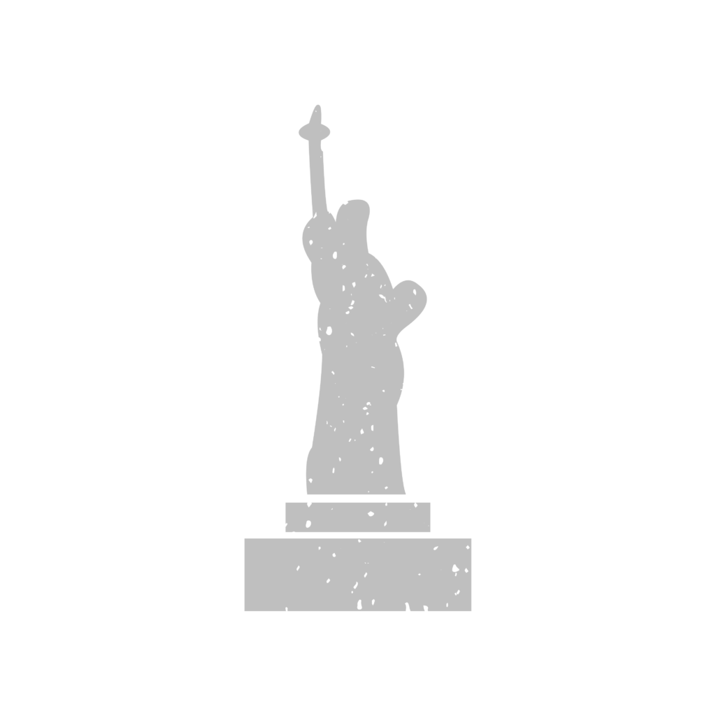 Gray silhouette of the Statue of Liberty on a pedestal against a black background with a distressed texture.