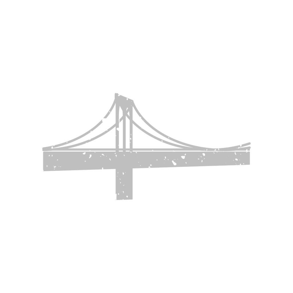 Simplified icon of a suspension bridge with two towers and cables, in gray with a distressed texture on a black background.
